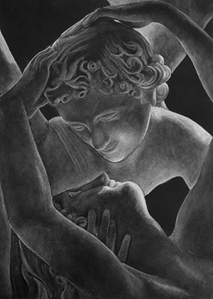 Psyche revived, white charcoal on black paper
