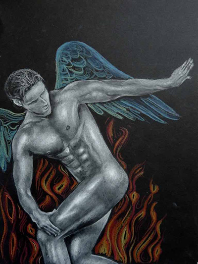 Fallen angel, white charcoal on black paper with colored pencil