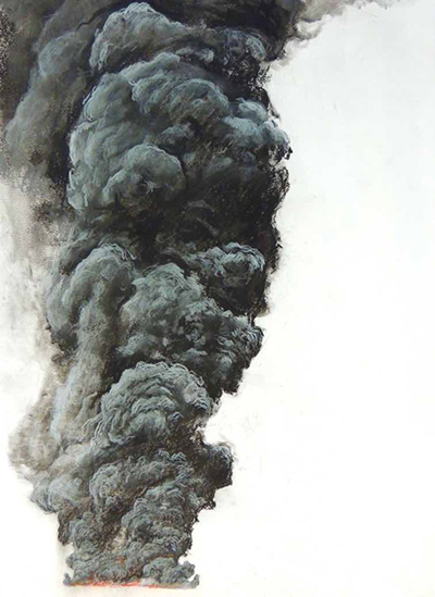 Oil fire, black and white charcoal and crayon on paper